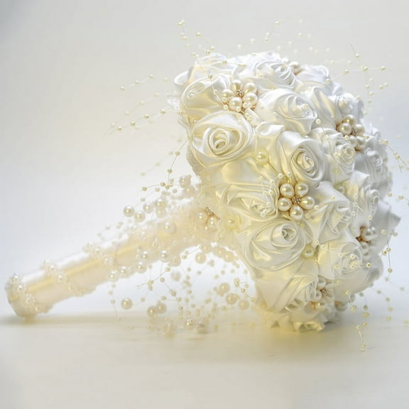 Nvzi Bridal Wedding Bouquet Round Bling Brooch Bouquet Throw Toss Artificial Rose Flower Bunch for Bride Bridesmaid Wedding (White)