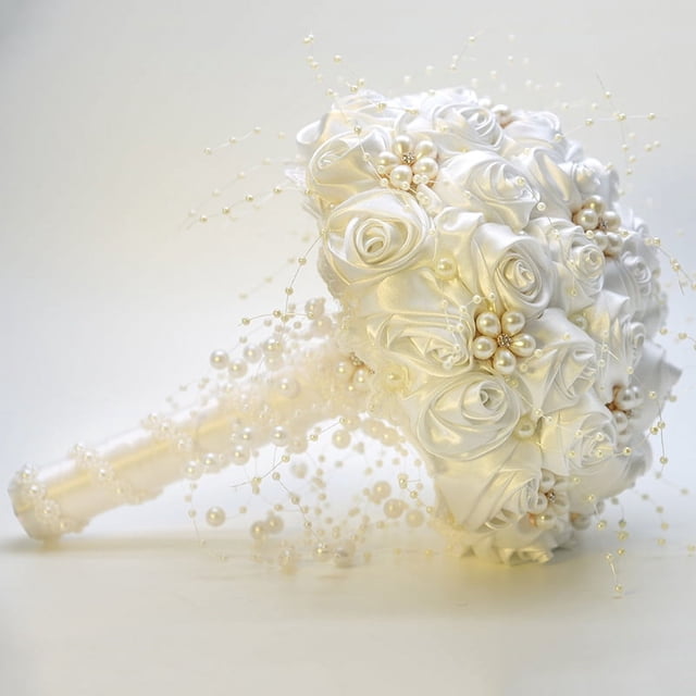 XmhyTop Ramo de novia redondo con broche brillante, ramo de rosas artificiales para novia, dama de honor, boda (blanco)