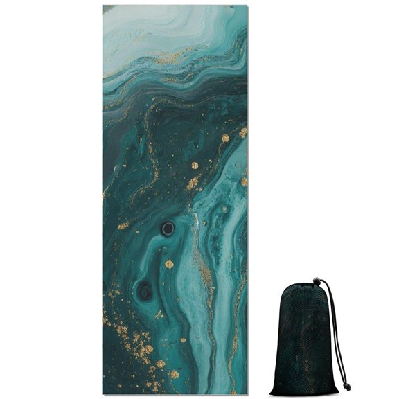Teal Gold Marble Pattern Hot Yoga Mat Towel Non Slip for Hot Yoga - Quick-Drying Yoga Mat Cover with 4 Corner Pockets with Travel Bag - Hot Yoga Towel Non Slip Grip Moisture Wicking Sweat 70"x26"