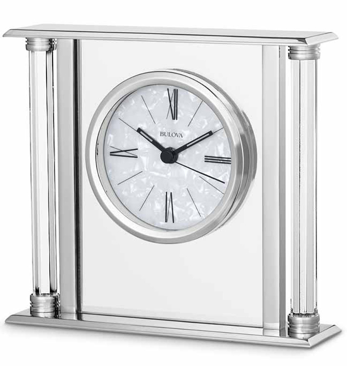 Bulova Pearl Quartz Silver Tone Metallic/Glass Mantel Clock B2454