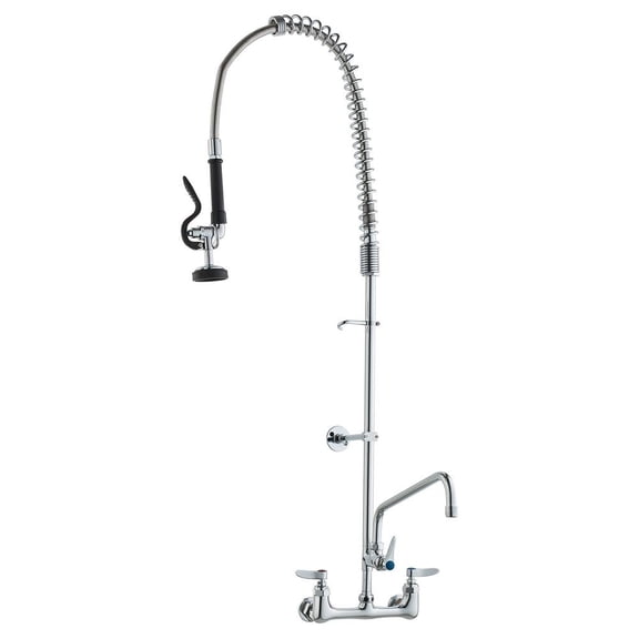 Wall Mount Commercial Kitchen Faucet with Pre-Rinse Sprayer, 47" Height, 8" Centerset, 12" Swing Spout for 1-3 Compartment Sinks, Brass Construction