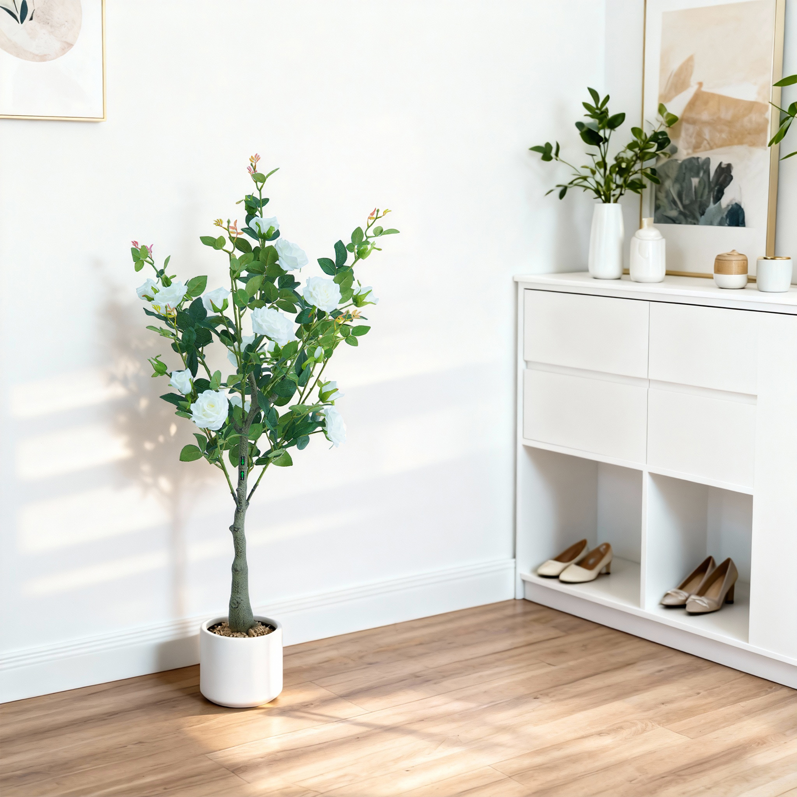 Lifelike & UV Resistant Artificial Rose Tree – 120cm Faux Plant with Silk Flowers & Plastic Leaves, White Pot, Easy Maintenance, Nordic Home/Office Décor