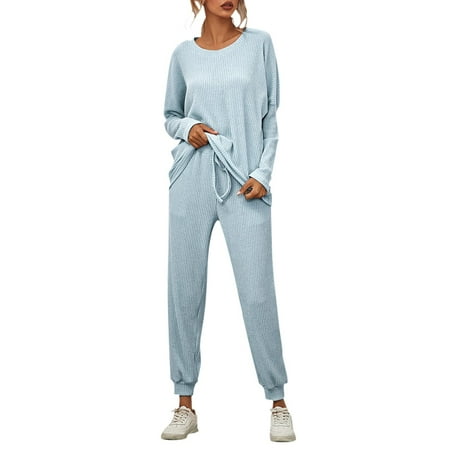 GZWYHT Sets for Women Pajamas for Women Set Women s Solid Color Stripes Loose Loungewear Pajamas Long Sleeved Casual Wear Cotton Pajamas for Women Set Comfy Pajamas for Women Set Blue XL