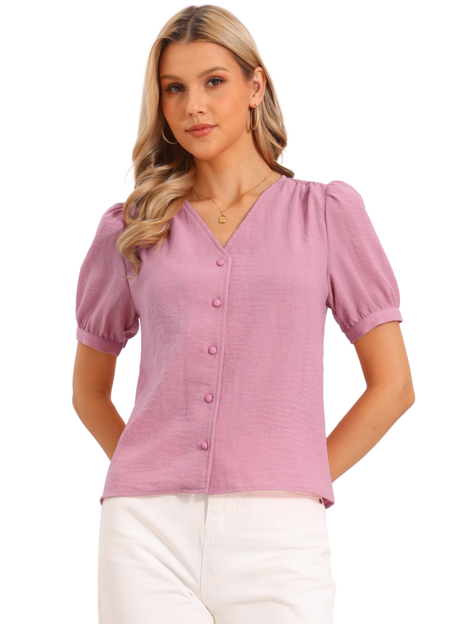 DARING DIVA Women's Short Sleeve Tops V Neck Button Down Dressy Casual Blouses XS Pink