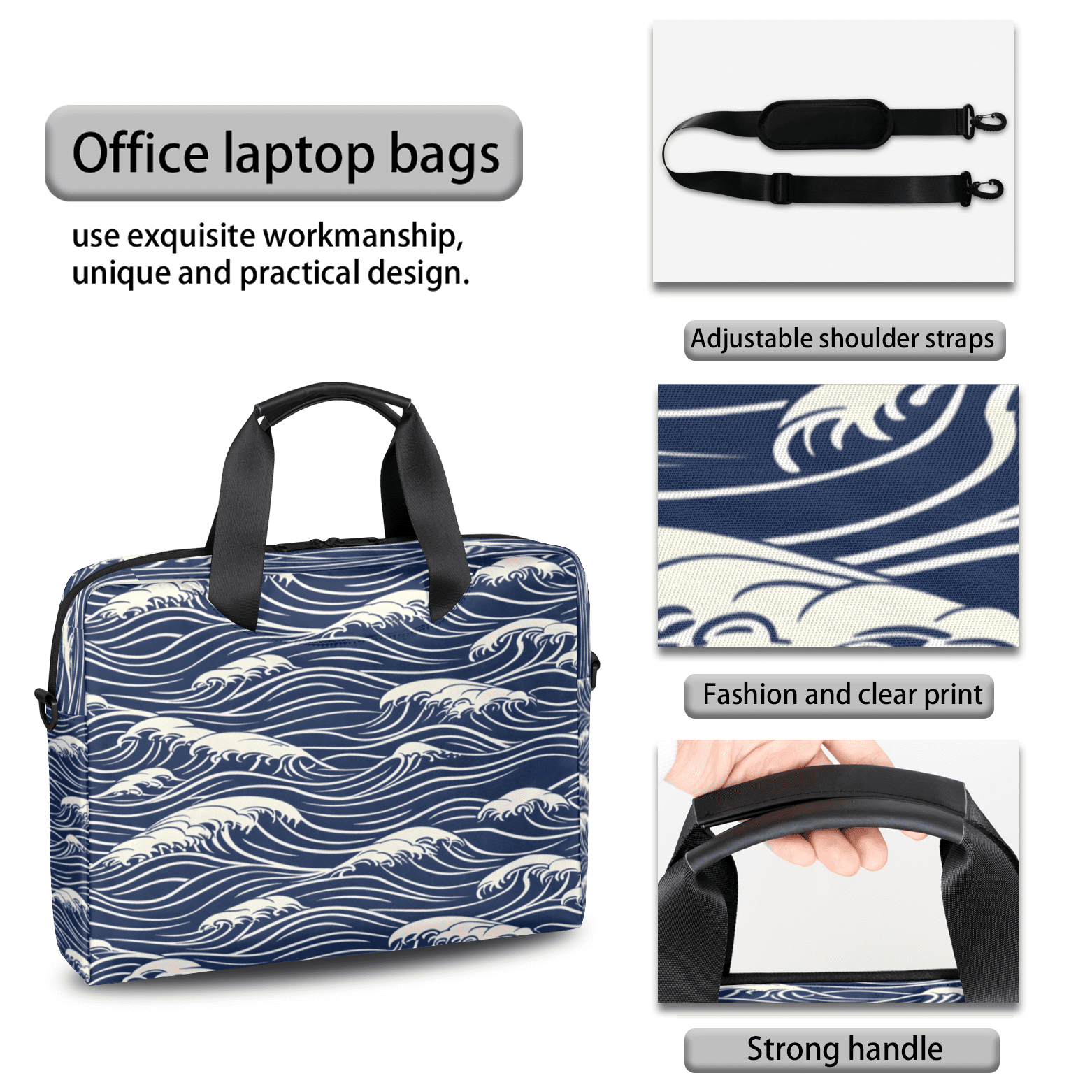 Herdesigns Blue Sea Wave Laptop Bag for Women Men, Computer Case Briefcase Messenger Bags, 15-15.6 inch Laptop Sleeve Shoulder Bag