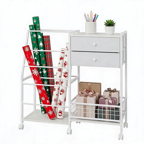 Wrapping Paper Cart with Fabric Drawers & Ribbon Holder – 3-Tier Rolling Organizer for Closet, Craft Room or Home, White