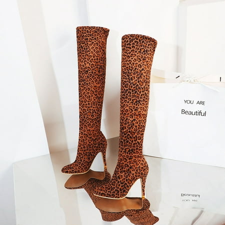 

Sexy Leopard Print Pointed Toe Slim And Warm Super High Heel Over-the-knee Boots