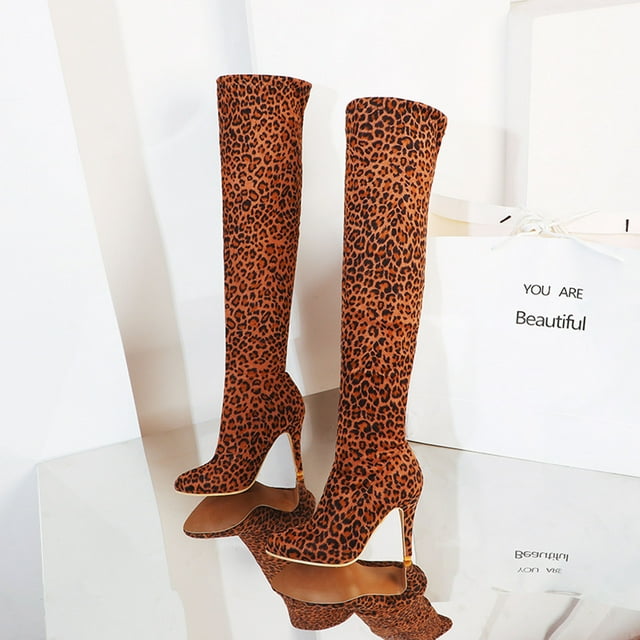 Sexy Leopard Print Pointed Toe Slim And Warm Super High Heel Over-the-knee Boots