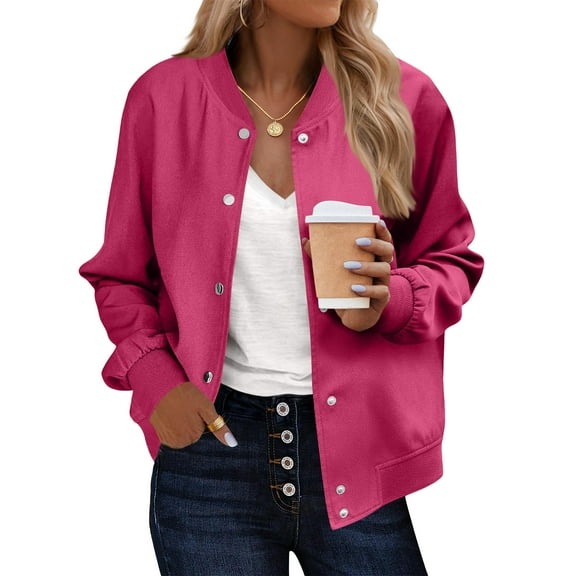 ZQGJB Women Bomber Jacket Lightweight Casual Button Down Long Sleeve Mock Neck Varsity Jackets Shackets with Pockets Fashion Outwear Coat Hot Pink XXL