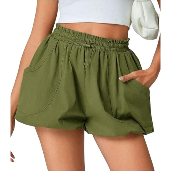 WULMLEO Casual Drawstring Waist Bubble Shorts for Women - High Waist Loose Fit Shorts with Side Pockets, Breathable Fabric for Everyday & Vacation Army Green S
