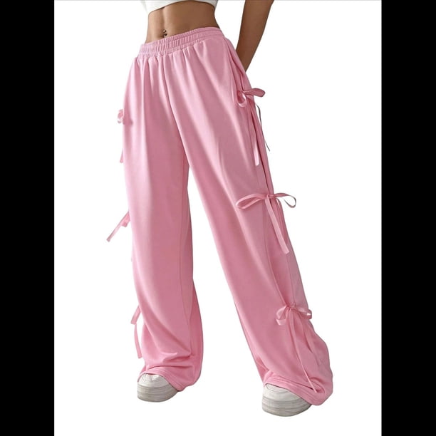 Pantalones Deportivos Holgados para Mujer, con Cintura Elástica, Informales, de Pierna y Bolsillos, Estilo Y2K Rosa M