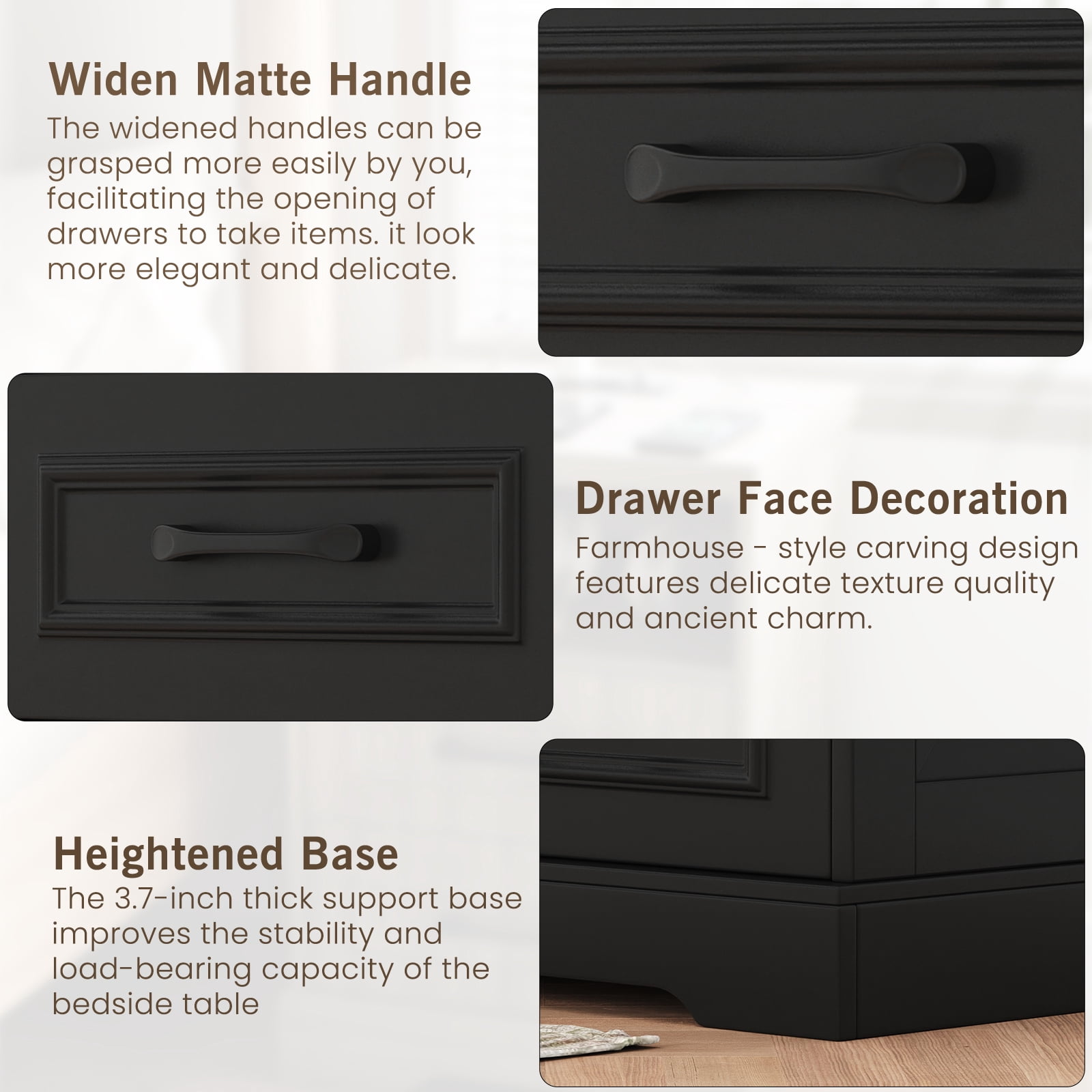 IDEALSOUL Nightstand for bedroom, Black Farmhouse End Table with Charging Station,3 Drawers Storage
