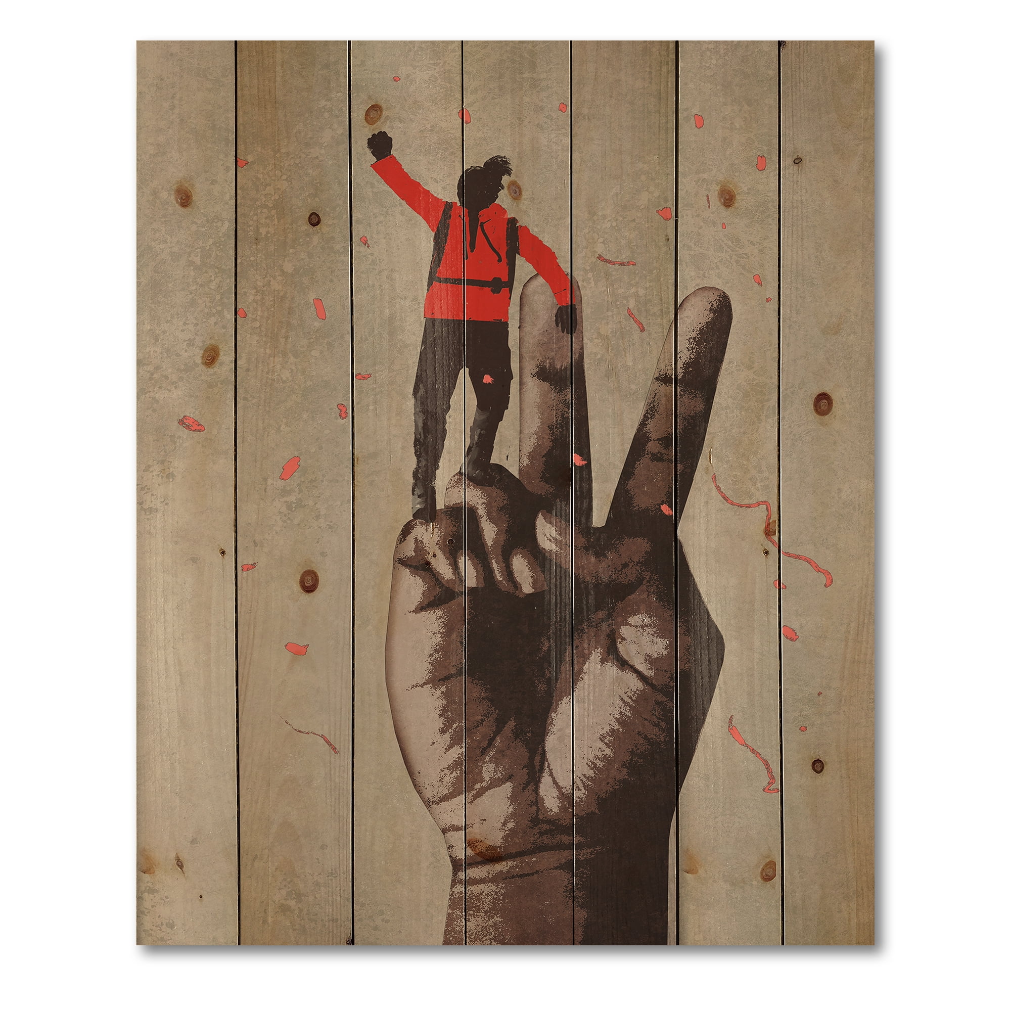 Designart 'Man With Arm Raised On Victory Sign' Modern Print on Natural Pine Wood