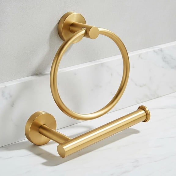 Brushed Gold Bathroom Hardware Set, Towel Ring & Toilet Paper Holder, Stainless Steel, Hand Towel Hanger & Toilet Roll Holder, Sturdy Bathroom Accessories