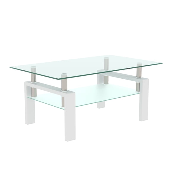 Glass Coffee Table with Lower Shelf, Holaki Modern Rectangular Tempered Glass Center Table with Metal Legs for Living Room, White