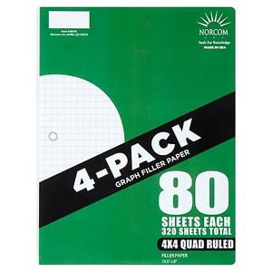 Norcom 4-Pack Quad Filler Paper, 80 Sheets, 4x4 Quad Ruled, 10.5