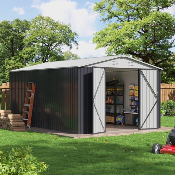 NETAJE 10'x14' Outdoor Metal Shed , Storage Shed with Updated Frame, Lockable Doors & Sliding Roof for Backyard, Garden, White