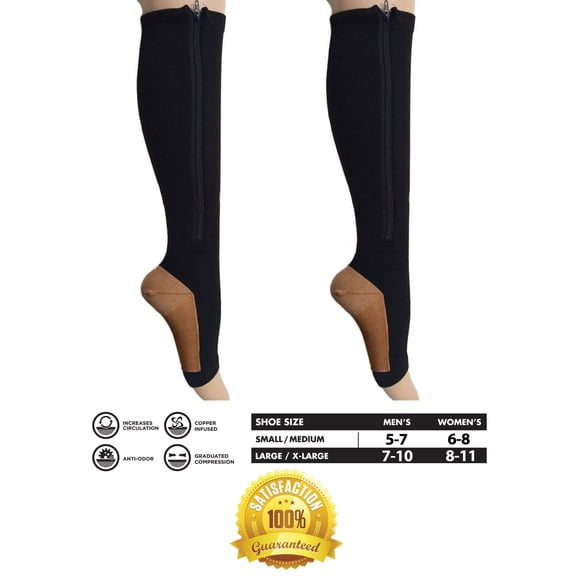 Black Copper Infused Compression Socks with Zipper 20-25 mmHg Open Toe for Women & Men FREE Eyeglass Pouch by Juniper's Secret (Small/M)