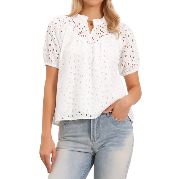 DARING DIVA Women's Eyelet Tops Puff Sleeve Embroidered Top Mock Neck Shirts XS White