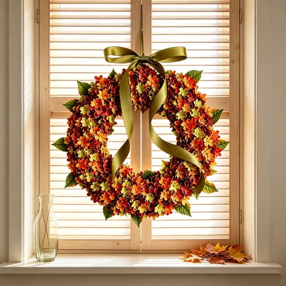 Bcylexb Artificial Fall Hydrangea Wreath, 13.8" Flower Wreaths with Olive Green Ribbon Autumn Floral Front Door Wreath for Farmhouse Home Window Decor