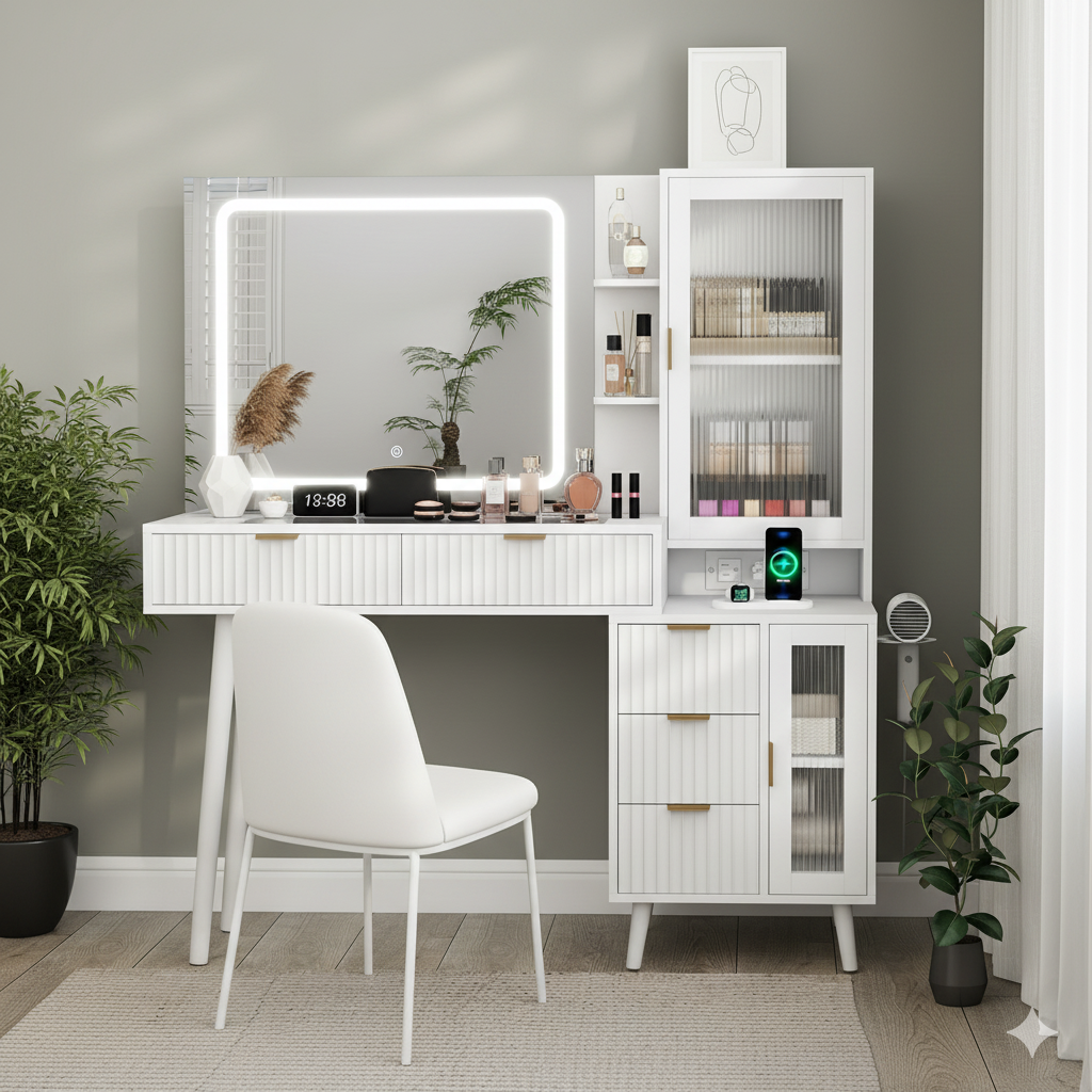 Danpinera Home 49" Fluted Makeup Vanity Desk with Lighted Mirror & Glass Top, White