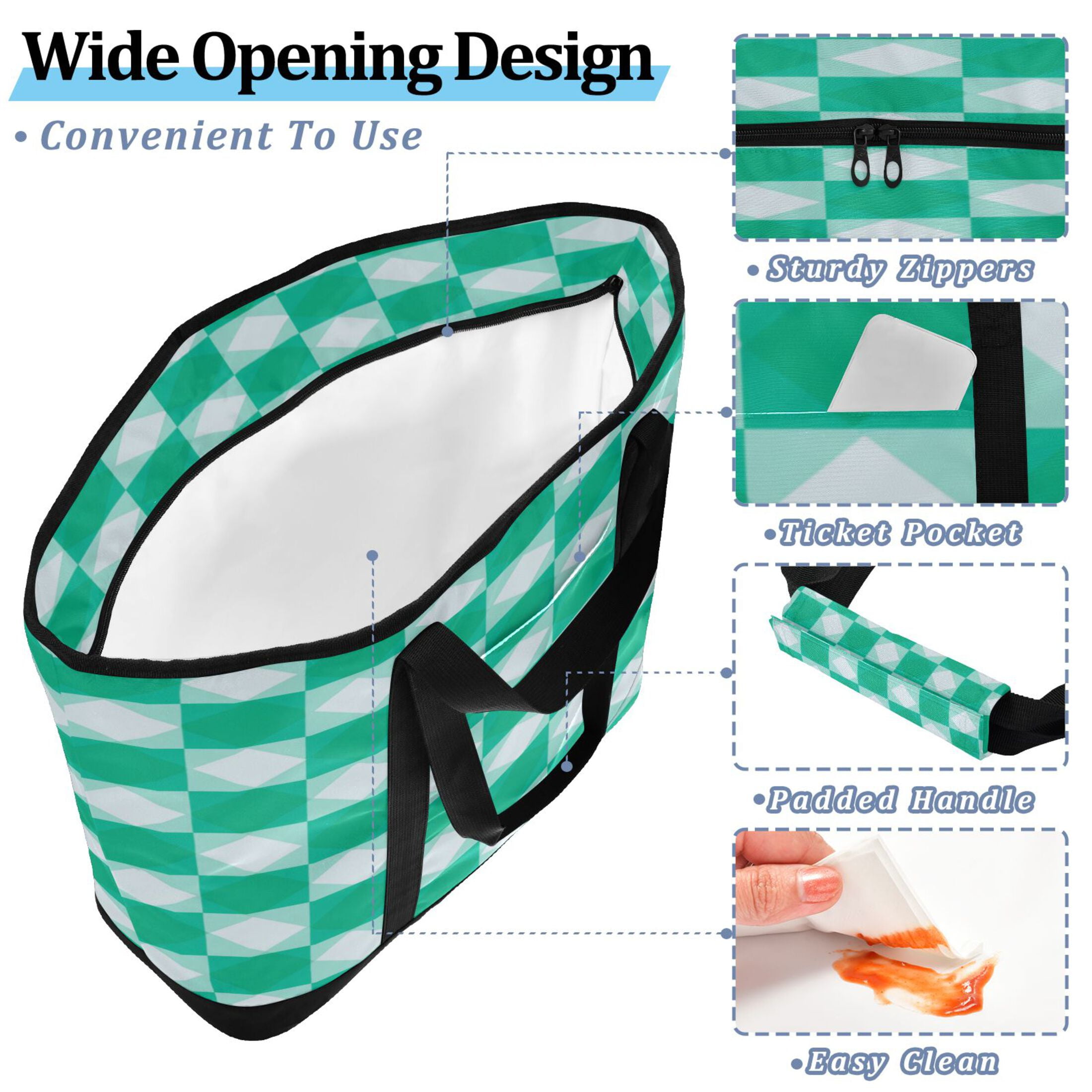 Extra-Large Wide Opening Design Capacity Hand-Held Ice Pack Thickened Insulation Layer For Long-Lasting Cold Retention For Outdoor Shopping Picnics And Camping Emerald Green Squares