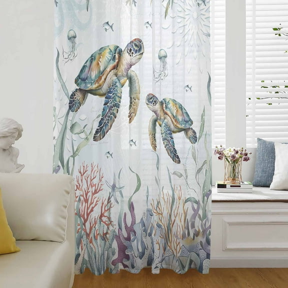 Coastal Turtle Semi Sheer Curtains Drapes for Living Room, Bedroom, French Doors Window 45 Inches Long, Ocean Starfish Coral Nautical Octopus Rod Pocket Chiffon Curtain Drapery Voile Draperies Panel