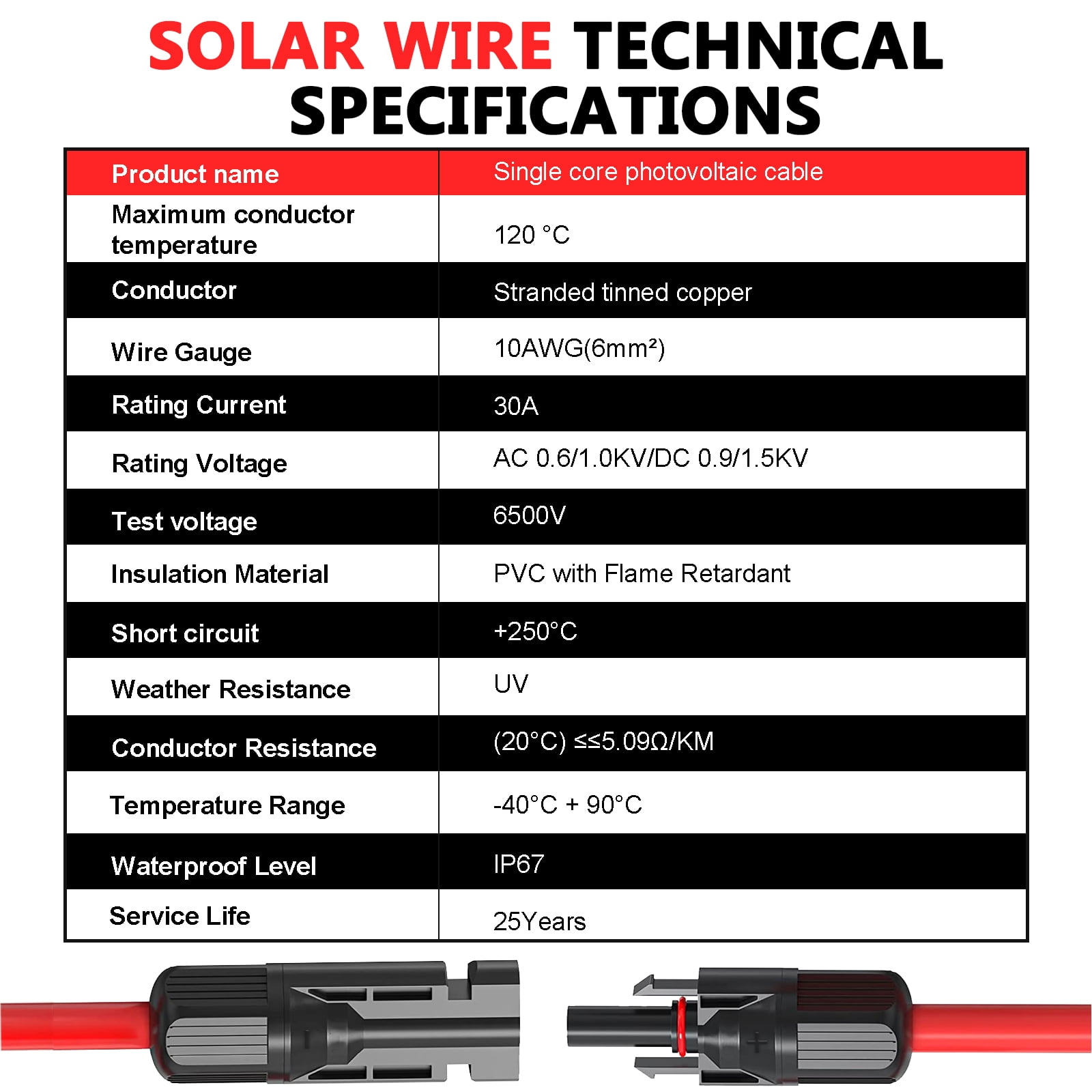 Solar Panel Extension Cable 30FT 10AWG, 6mm² Solar Extension Cable Wire with Female Male Waterproof Connectors for RV, Photovoltaic Systems