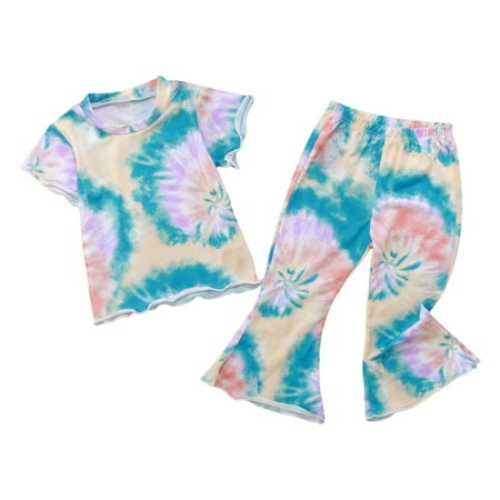 

Baby Girls Casual Outfit Sets Short Sleeve T Shirt Pullover Tops And Tie Dye Bell Bottoms Pants Outfit Sets 2 Piece 12-18 Months