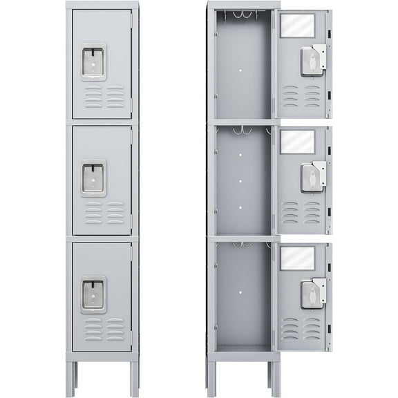 INTERGREAT Metal Lockers for Employees, 3 Door Storage Locker, Tall Steel Locker Cabinet for School, Office, Home, Gym, Kid Room, with Mirror (3-Tier,Grey)