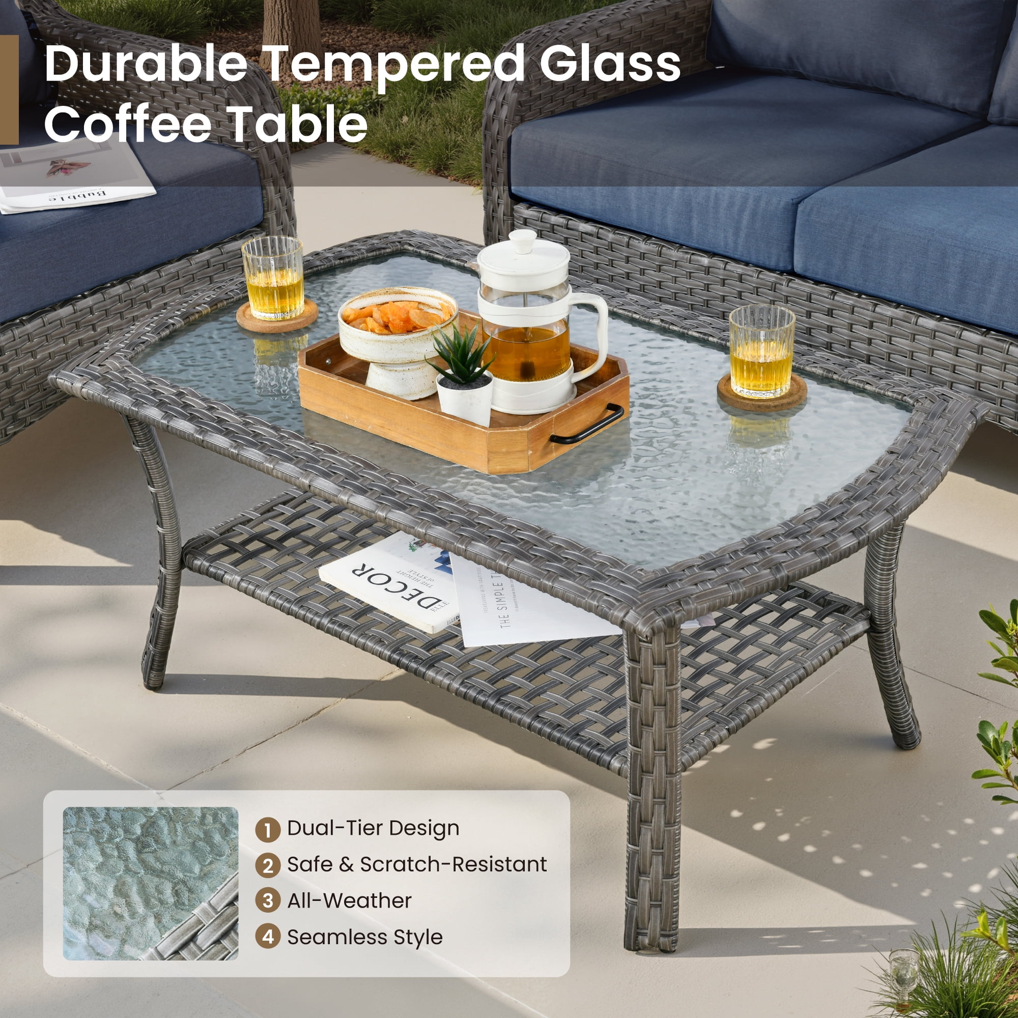 Vcatnet Patio Furniture Sets with Coffee Table 4 Pieces Sectional Sofa Rattan Wicker Outdoor Conversation Set with Loveseat Chair for Porch, Deck, Denim Blue