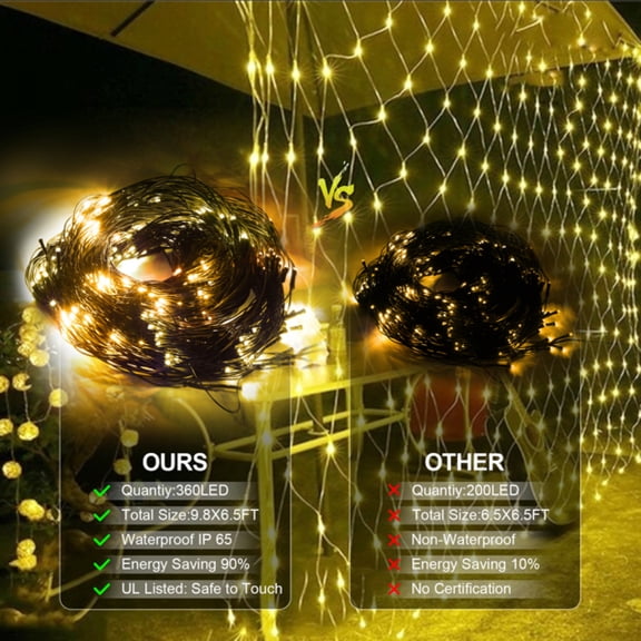 9.8×6.5FT Christmas Mesh Net Lights 360 LED with 8 Modes Remote Control Connectable IP44 Waterproof for Indoor Outdoor Garden Xmas Tree Party Decor