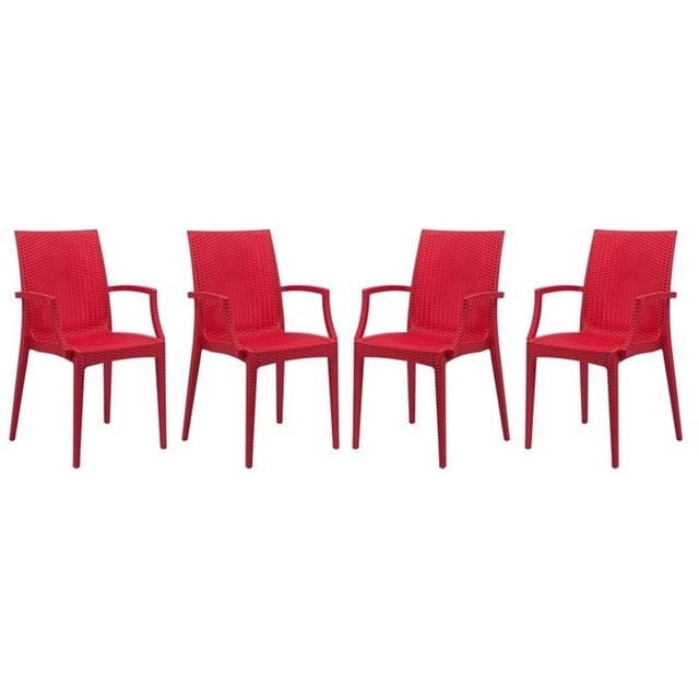 LeisureMod Fauteuil de Salle à Manger Moderne Tissé en Masse pour Intérieur et Extérieur, Rouge, Ensemble de 4