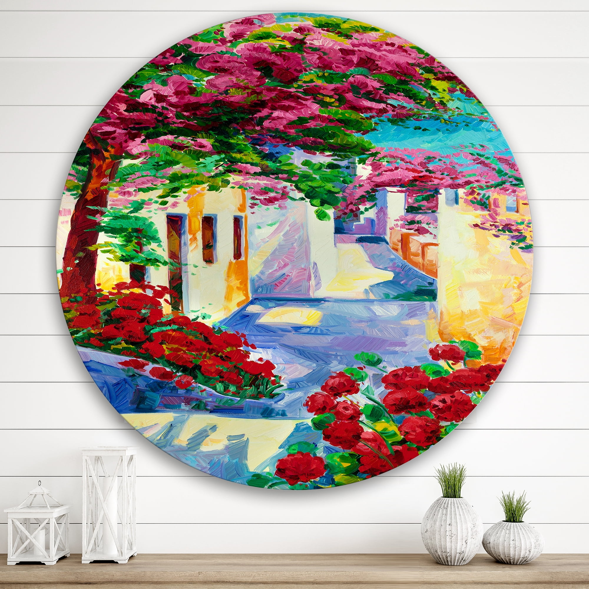 Designart 'Colorful Traditional Santorini Houses Among Flowers' Nautical & Coastal Circle Metal Wall Art 29x29 - Disc of 29