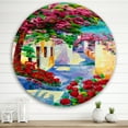 thumbnail image 2 of Designart 'Colorful Traditional Santorini Houses Among Flowers' Nautical & Coastal Circle Metal Wall Art 36x36 - Disc of 36, 2 of 5