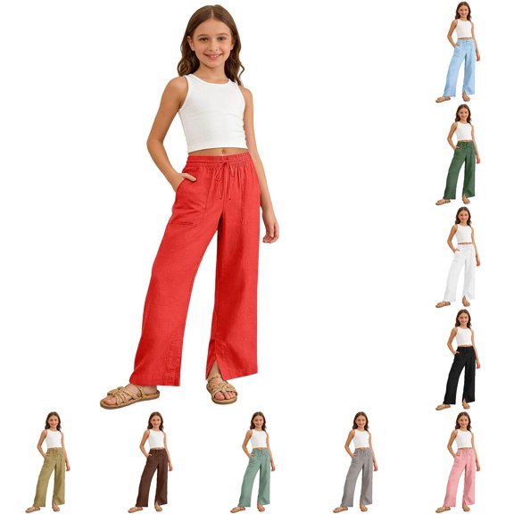 XIYON Pants for Girls Kids Casual Pants with Pockets Elastic Waist Trousers Comfortable Everyday Wear 14-15 Years