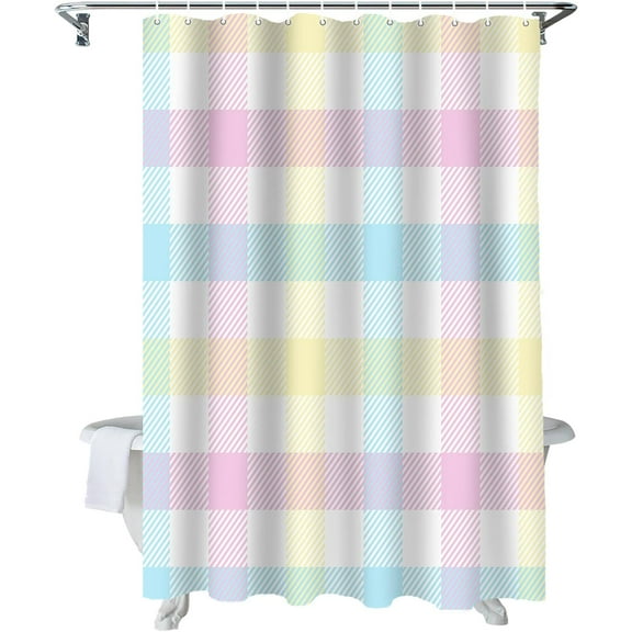 Easter Shower Curtain Colorful Plaid Shower Curtains for Bathroom Decor Pink Yellow Buffalo Plaid Bath Curtains Sets for Spring Easter Bathroom Decor Fabric Waterproof Standard 72" X 72"