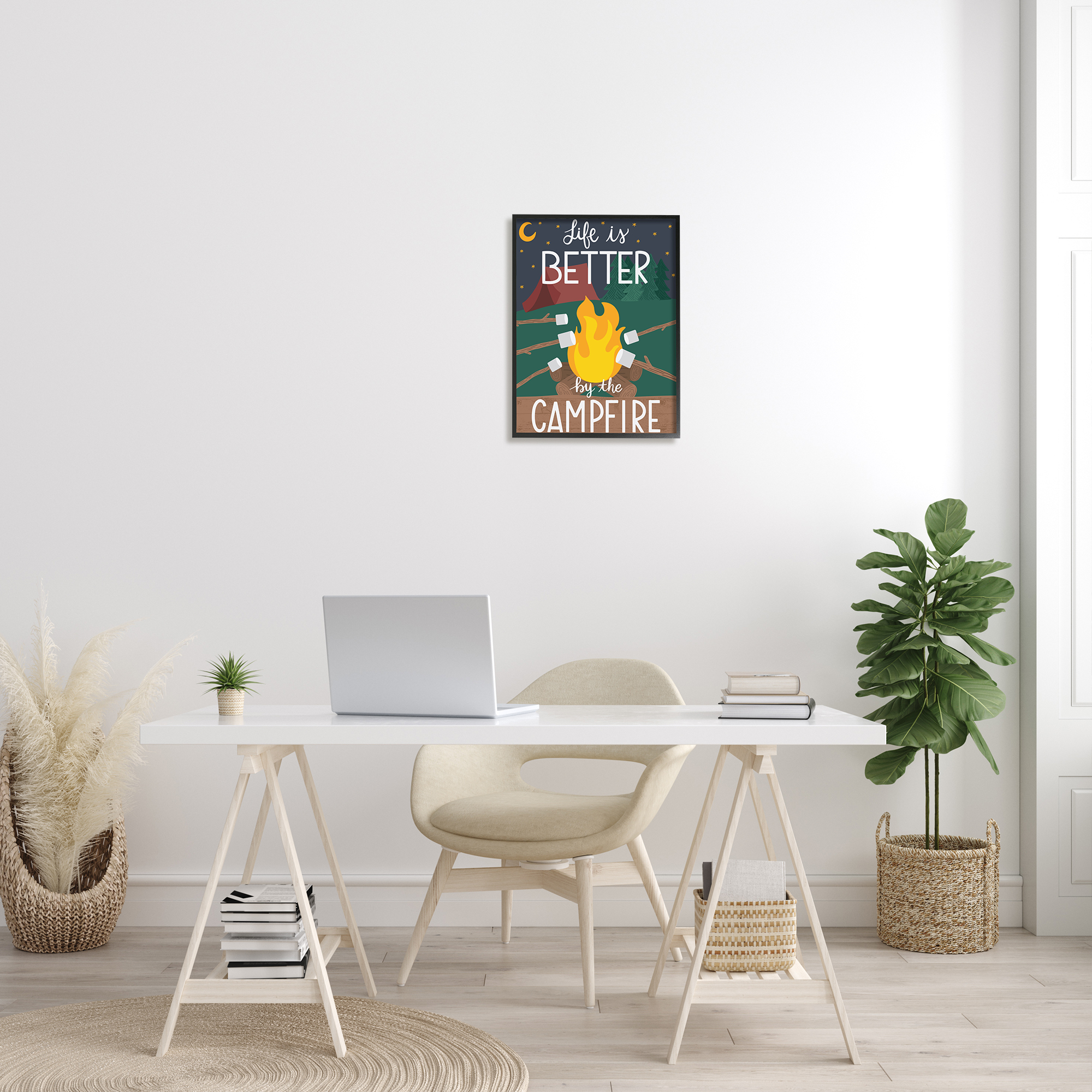 Stupell Industries Life's Better by Campfire Phrase Outdoor Summer Adventure Typography Painting Black Framed Art Print Wall Art, 16 x 20