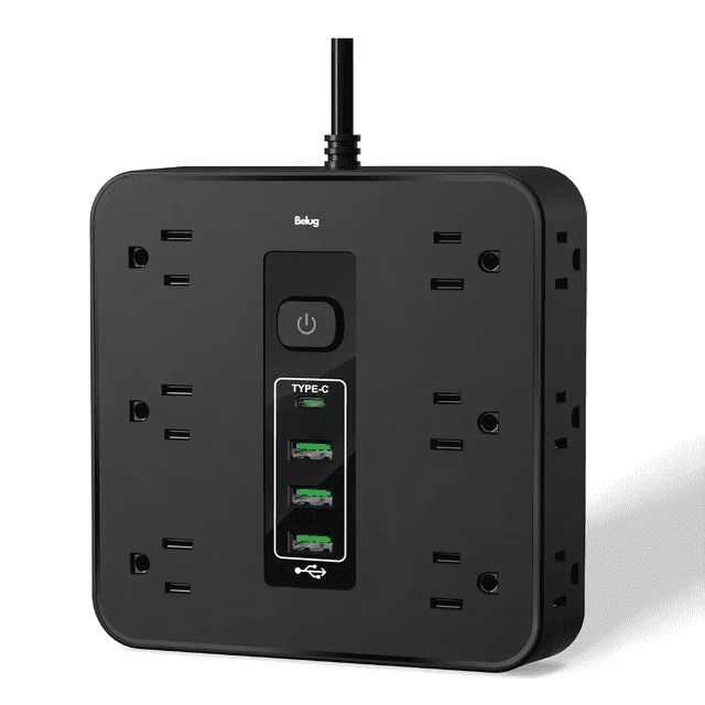 1 Regleta Multicontacto Extension Usb, Con 12 Salidas Ca Y 3 Puertos Usb Belug, Negro