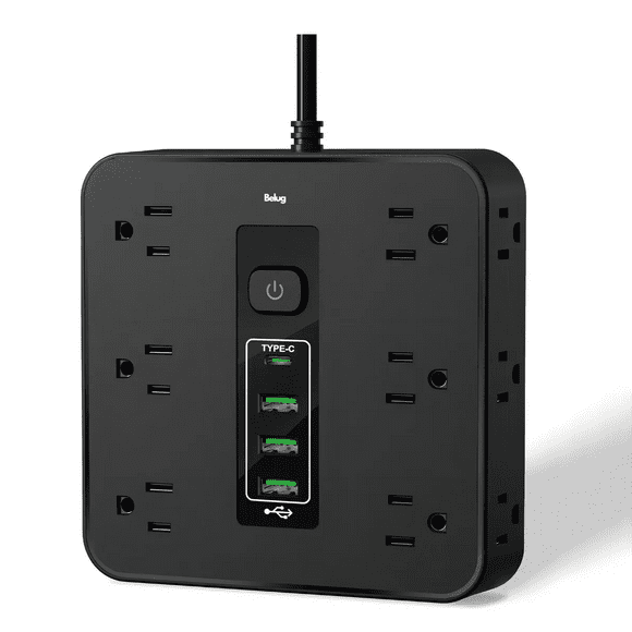 1 Regleta Multicontacto Extension Usb, Con 12 Salidas Ca Y 3 Puertos Usb Belug, Negro