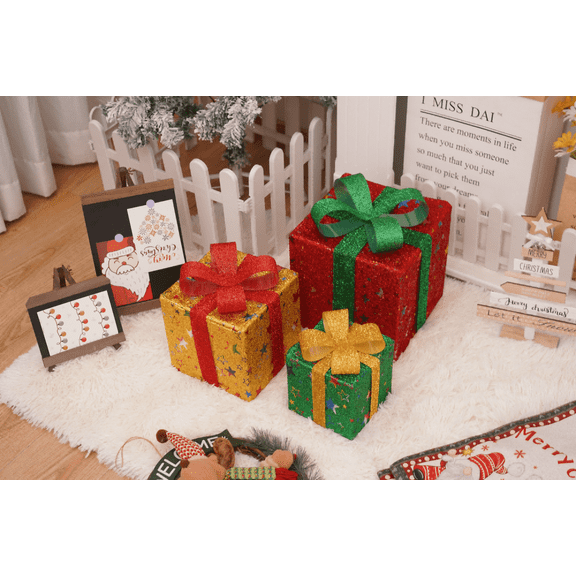 3-Pack Christmas Lighted Gift Box Set with Remote  Stackable LED Decorative Present Boxes for Xmas Tree, Home Party Dcor- Three-color star