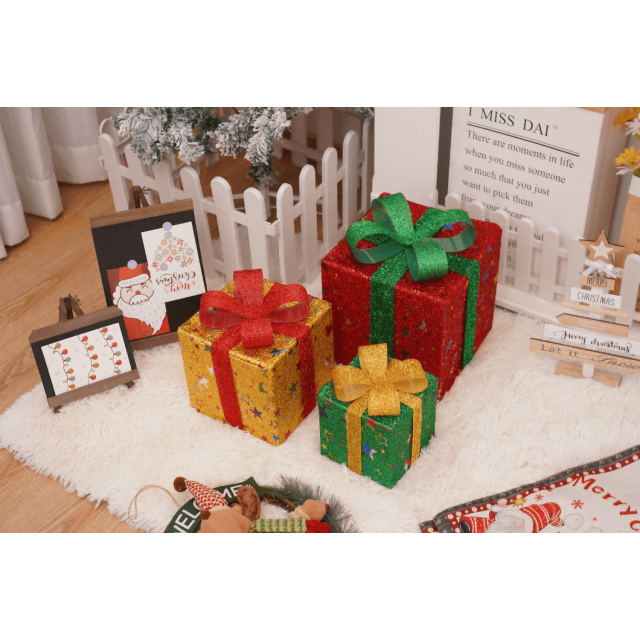 Juego de 3 Cajas de Regalo con Luces Navideñas con Control Remoto – Cajas Decorativas Apilables con Luces LED para Árbol de Navidad, Decoración de Fiestas en Casa - Estrella de Tres Colores