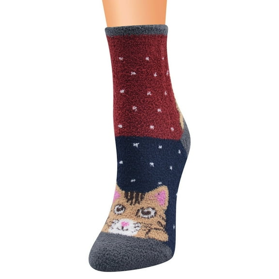 JeashCHAT Women Coral Fleece Cat Print Thicker Anti-slip Floor Socks Carpet