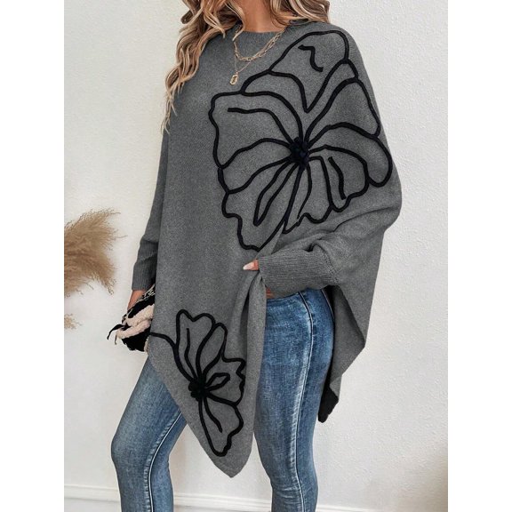 Womens Grey 3D Floral Applique Batwing Sweater