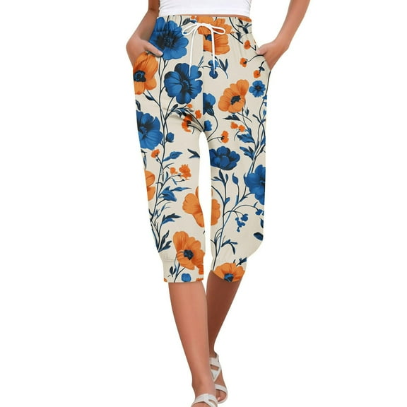 Cargo Capri Pants for Women Hawaii Print High Waisted Relaxed Fit Elastic Knit Waist Casual Capris Trousers Cropped Pants