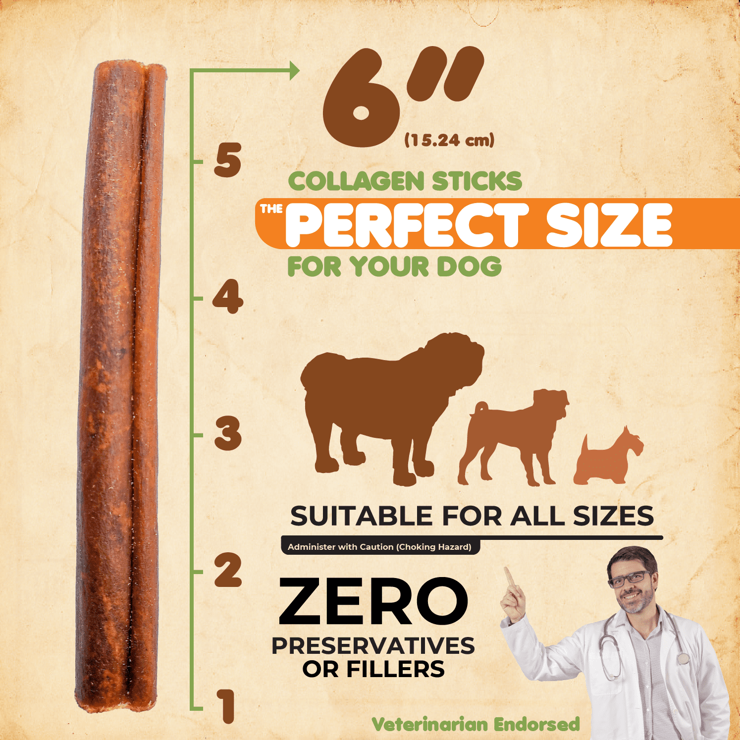 Makondo Pets Collagen Sticks Beef Flavor Dog Chews, 6" Premium Treats