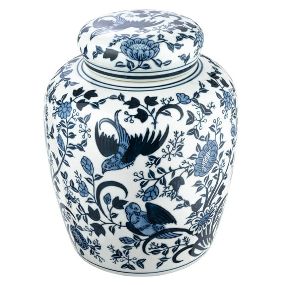 Creative Co-Op Decorative Bird Ceramic Ginger Jar with Lid, Blue and White
