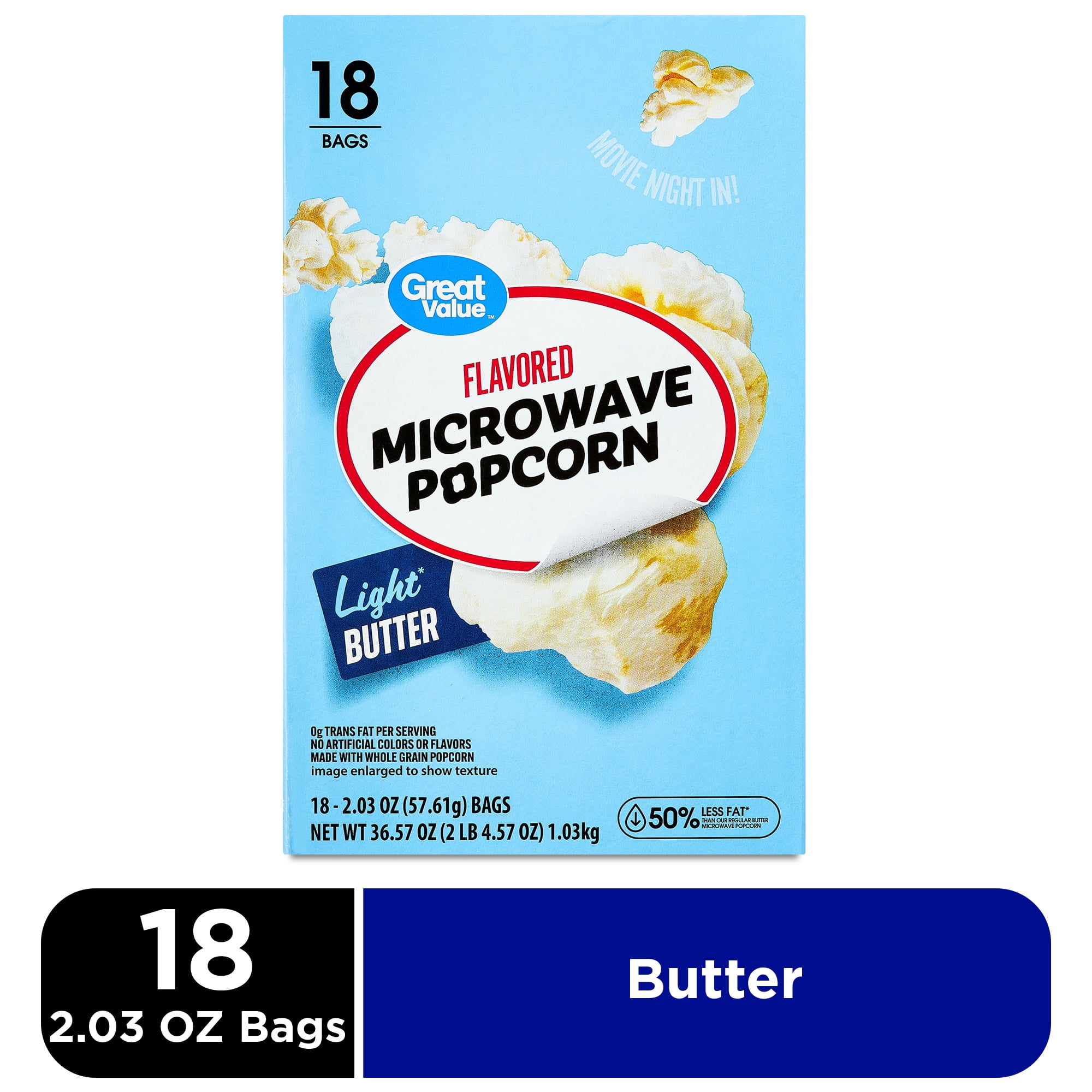 (4 pack) Great Value Light Butter Flavored Microwave Popcorn, 2.03 oz, 18 Count