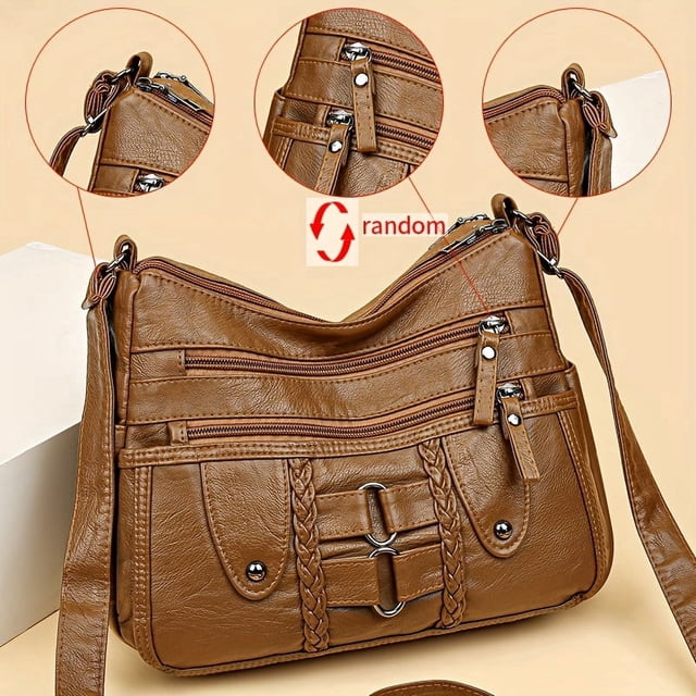 LHSHID Vintage chic rivet accent soft PU leather crossbody shoulder bag-spacious multi-zipper messenger bag with adjustable strap, perfect for women on-the-go-stylish, durable, and easy to clean