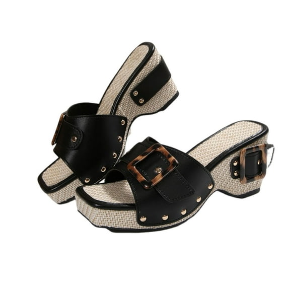 Women's Casual Wedge Heel Studded Slip On Sandals,Women’s Open Toe Slip On High Heels Casual Sandals